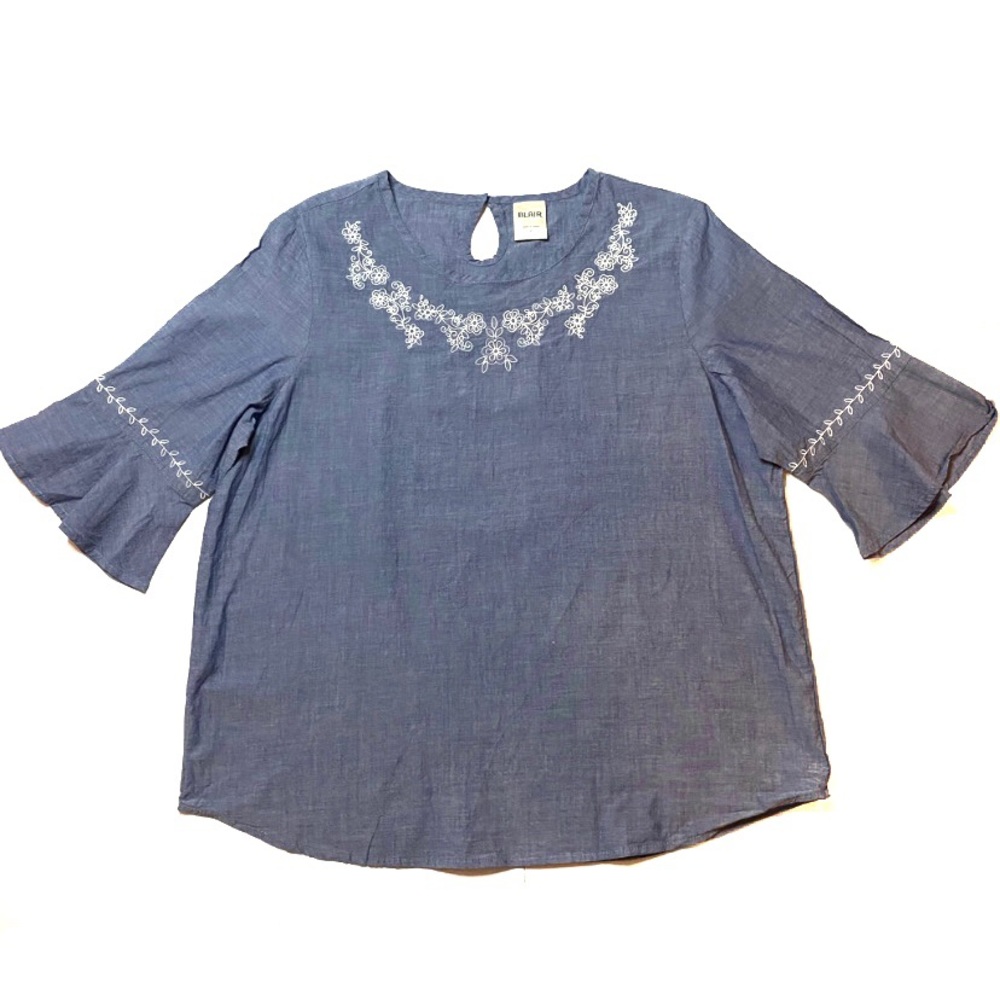 Blue Chambray Floral Embroidered Keyhole Flare Sleeve Cotton Top | Size M